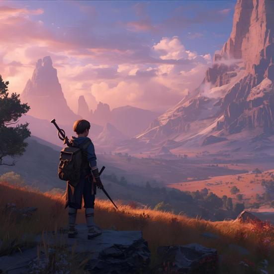 AI-genereret billede af teenager i fantasy-bjerglandskab